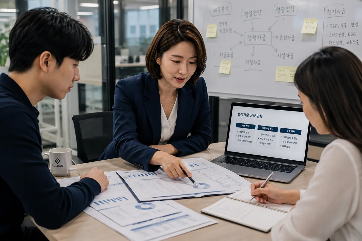 에브리어스 컨설턴트가 화이트보드와 노트북을 활용해 정책자금 전략 방향을 설명하는 모습